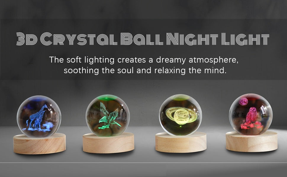 3D Deer Crystal Ball Night Lamp, Creative Engraved, USB Table LED Wooden Crystal Ball for Home Office Decoration Birthday Gift Adults (Deer)(Warm White)