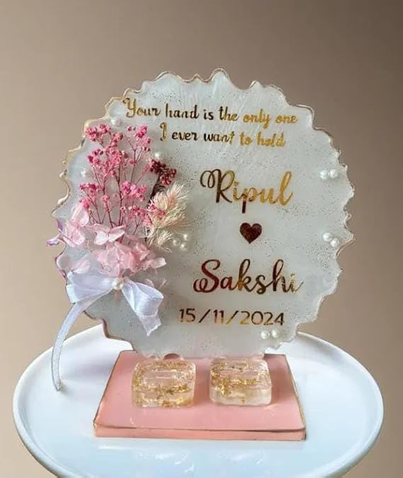 Resin Engagement Round Ring Platter | Platter with 2 Ring Holder & Resin Stand | Wedding Proposal Engagement Platter (White) (8 Inch)