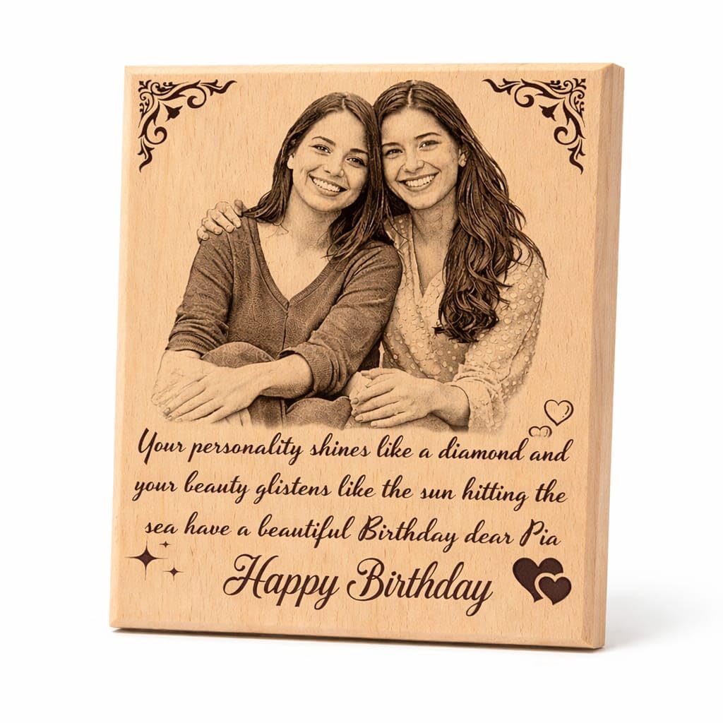 Customised Wooden Photo Frame with Engraved Photo & Message Tabletop, Rectangular Photo Plaque for Best Friends Birthday, Anniversary (4x5 Inch)