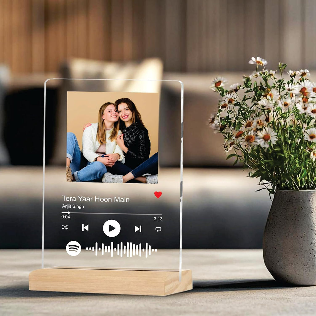 Giftplease Father’s Day Present Personalized Photo Frame with Wooden Stand | Custom Printed Transparent Clear Acrylic Picture Base (6x9 Inches) | Spotify Music Player Song Code Design, Dad Papa