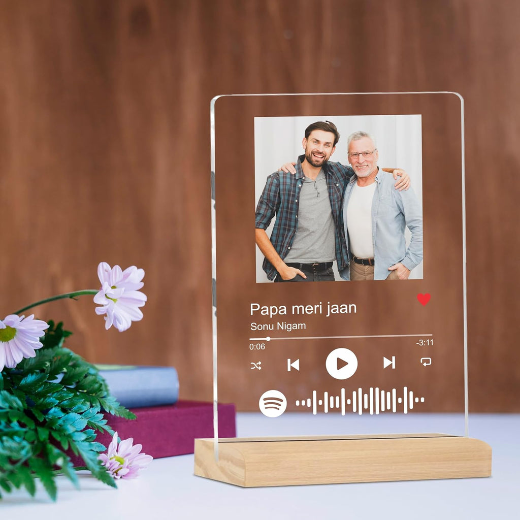 Giftplease Father’s Day Present Personalized Photo Frame with Wooden Stand | Custom Printed Transparent Clear Acrylic Picture Base (6x9 Inches) | Spotify Music Player Song Code Design, Dad Papa