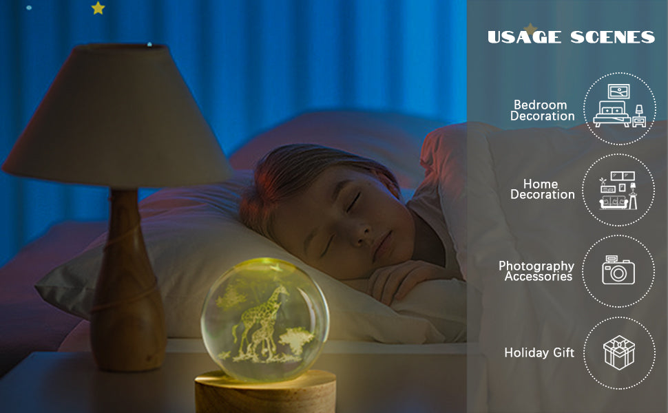 3D Deer Crystal Ball Night Lamp, Creative Engraved, USB Table LED Wooden Crystal Ball for Home Office Decoration Birthday Gift Adults (Deer)(Warm White)