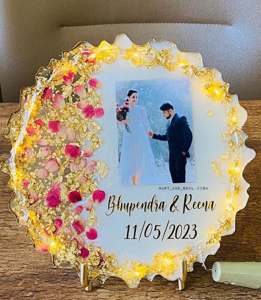 Resin Photo Frame for Home Decor Personalized Gift Customized with Your Photos &Template (8X8 with golden stand and light)