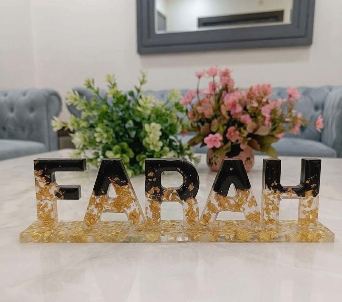 Personalised Resin Name Stand with Golden Flakes | Personalized Handmade Name Plate | Custom Desk Decor | Unique Luxury Gift | Aesthetic Home Decor | Office Table Name Sign | Couple Gift | Birthday Gift | Wedding Gift | Return Gift