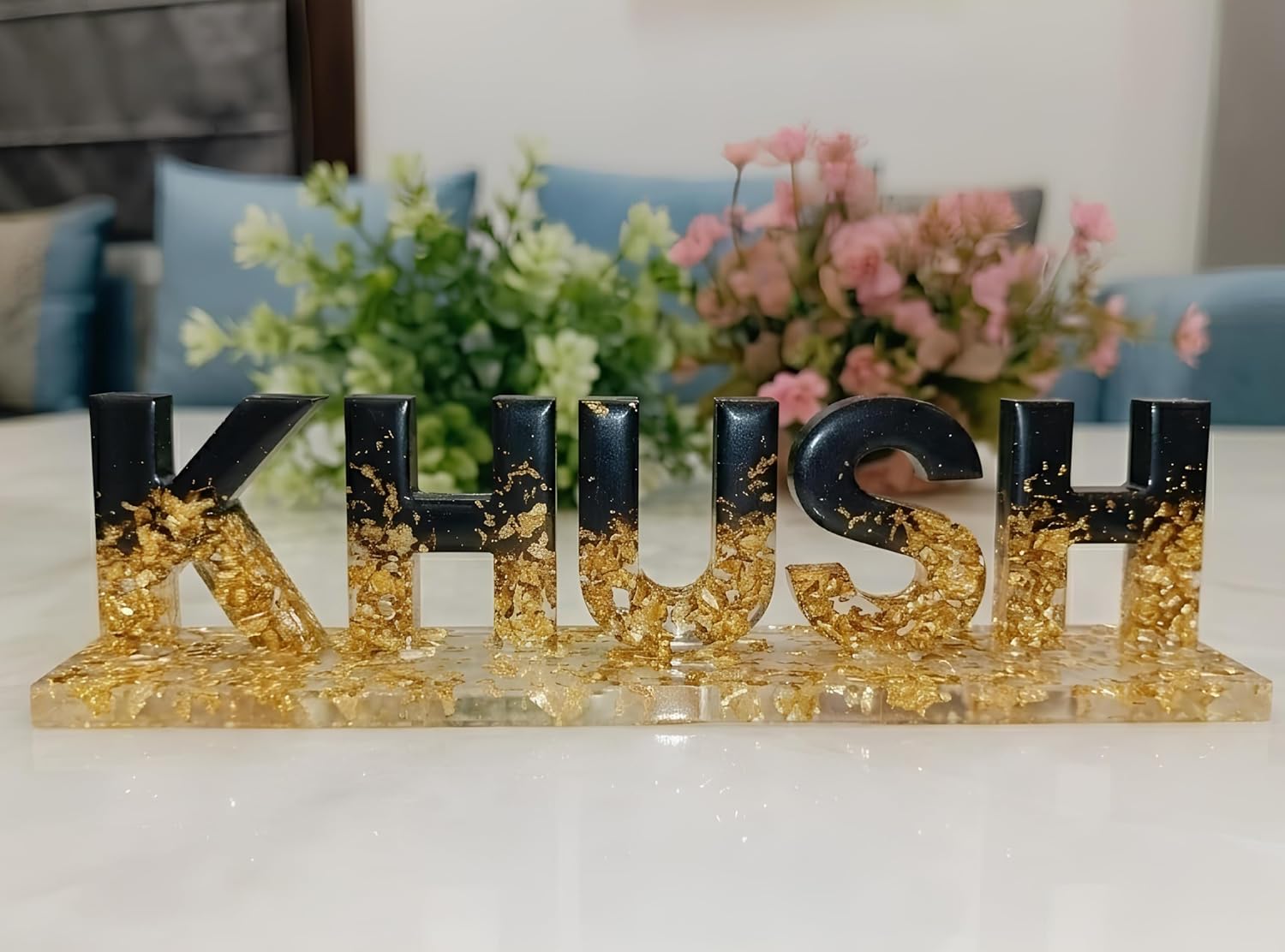 Personalised Resin Name Stand with Golden Flakes | Personalized Handmade Name Plate | Custom Desk Decor | Unique Luxury Gift | Aesthetic Home Decor | Office Table Name Sign | Couple Gift | Birthday Gift | Wedding Gift | Return Gift